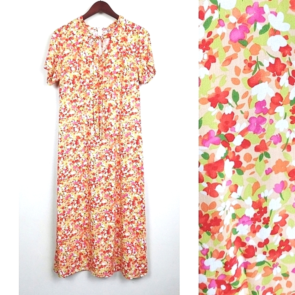 Vintage R&K Originals Long Midi Dress Floral Rayon Bright Short Sleeve SZ 14